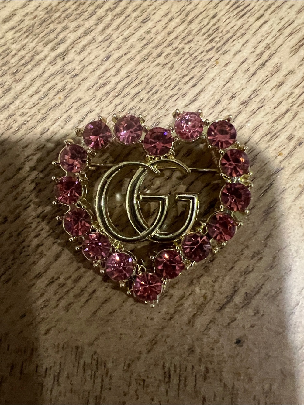 GG Gold Double-G Heart Brooch with Pink Crystals
